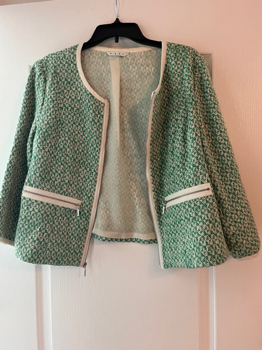 CAbi Green and Cream Tweed Open-Front Jacket